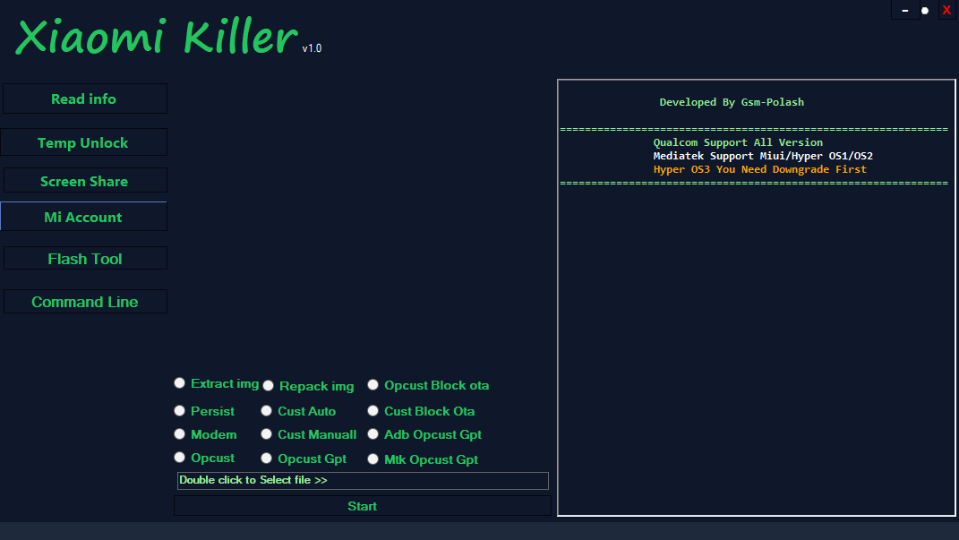 Xiaomi Killer v1.0 desktop application showing Mi Account, Flash Tool and Command Line panels